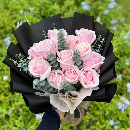 Pink cotton- 12 rose w eucalyptus